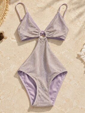 Undiz Lilac Purple Glitter Lurex O Ring Plunge Cut Out Monokini Swimsuit